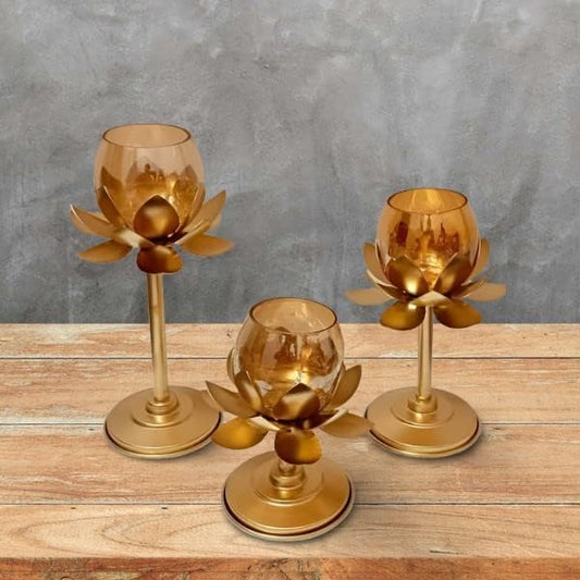 Lotus Standing Glass Tea Light Holder – Set of 3