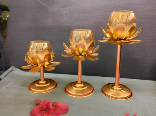 Lotus Standing Glass Tea Light Holder – Set of 3
